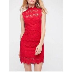 Free People Intimately Red Lace Mini Dress Open Back Sleeveless Floral Boho XS
